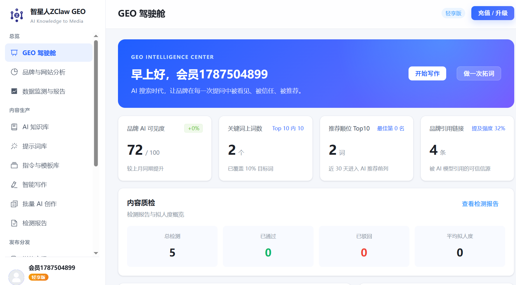 智星人ZClaw GEO商稿优化工作台界面